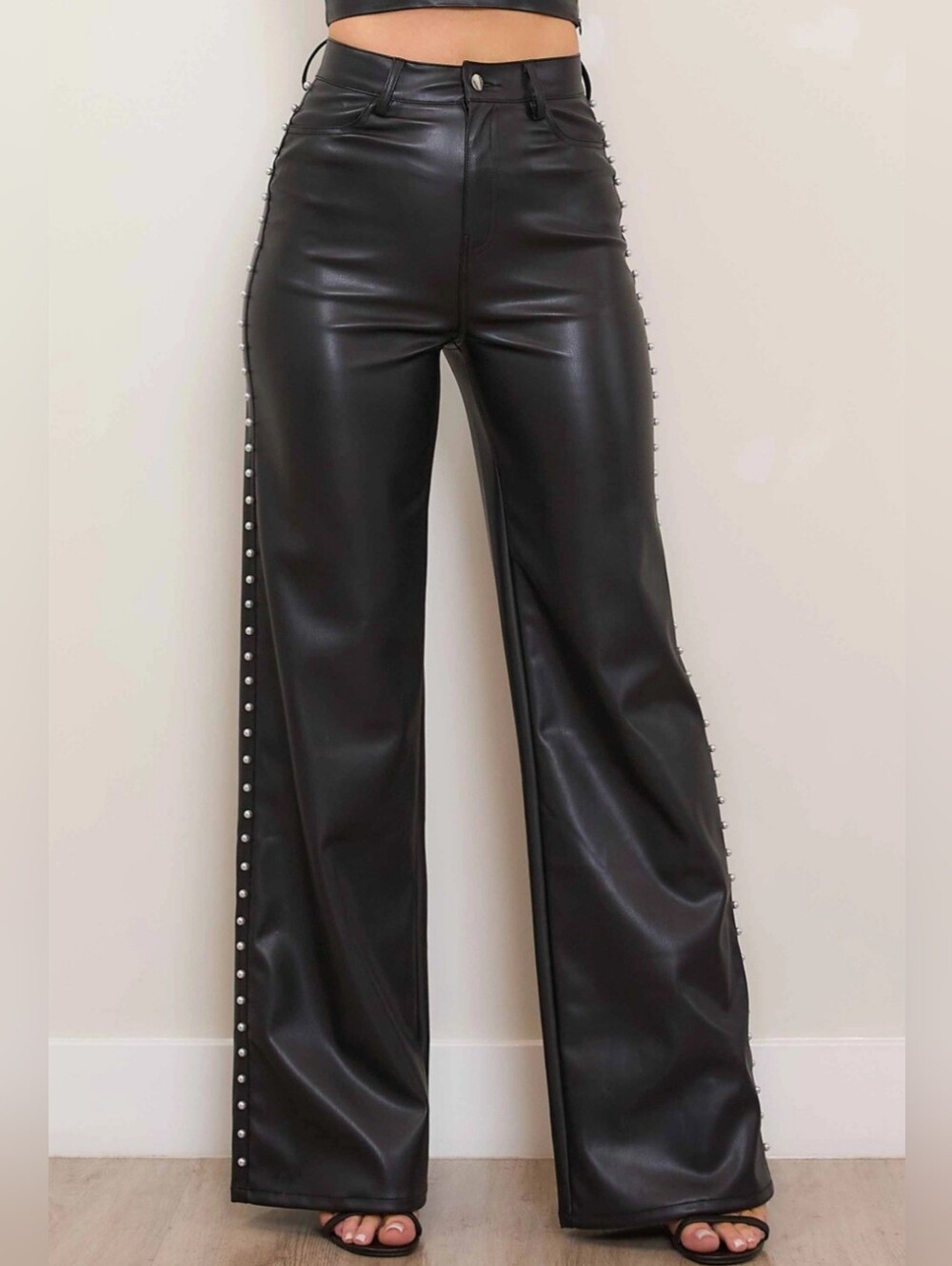 #104706 🛑1,3,5,7 Vegan Leather Wide Leg Pants with Pearl - Picture 7 of 7